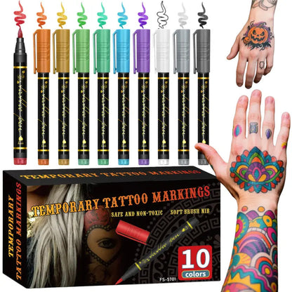 Set med tillfälliga tatueringspennor i 10 färger
