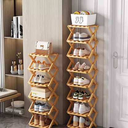 👞 50% RABATT! ✨ Hopfällbart skoställ i bambu – Stabil fristående skohylla – 100% naturlig alpinbambu, verktygsfri montering på 5 sekunder, robust X-konstruktion & ultrakompakt förvaring – 2–10 våningar 2 färger 🌿