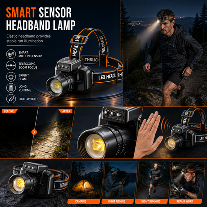🎉 Tidsbegränsat erbjudande! 🔦 Superljusstark uppladdningsbar pannlampa – rörelsesensor och zoomfunktion ✨